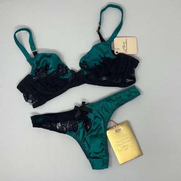 Agent Provocateur Nayeli SOIREE Green Black Silk Set 32B/2 NWT